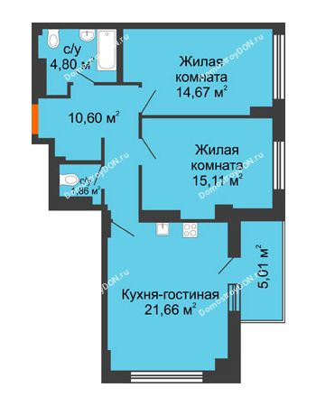 3 комнатная квартира 71,41 м² в ЖК Аврора, дом № 3