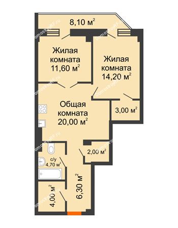 2 комнатная квартира 72,9 м² в ЖК Архиерейская роща, дом № 54б