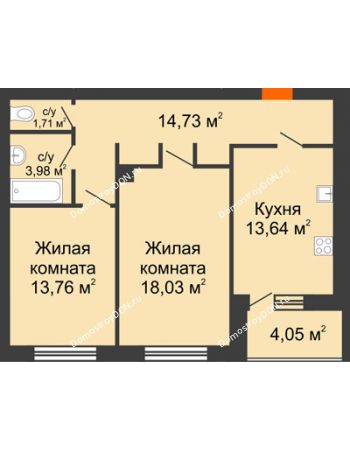 2 комнатная квартира 67,88 м² в ЖК Измаильский парк, дом № 3