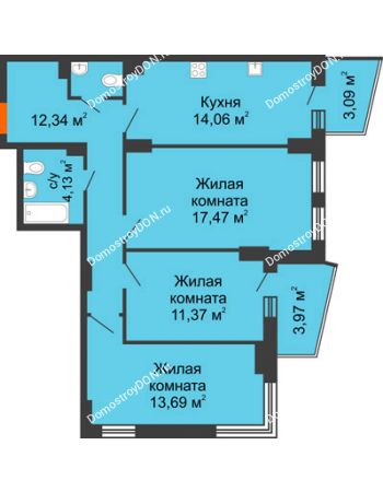 3 комнатная квартира 77,19 м² в ЖК Город у реки, дом Литер 7