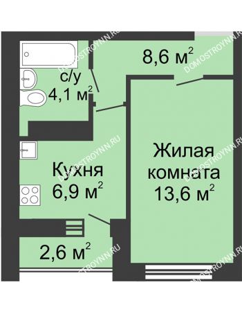1 комнатная квартира 33,2 м² в ЖК Бурнаковский, дом № 27