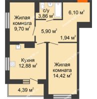 2 комнатная квартира 59,19 м² в ЖК Рассвет, дом № 6 - планировка