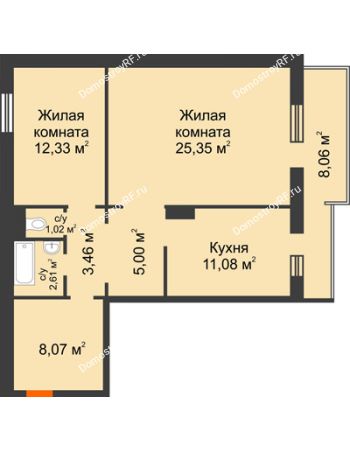 2 комнатная квартира 71,34 м² в ЖК Плодово-Ягодный, дом № 1