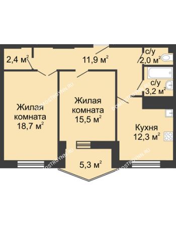 2 комнатная квартира 71,7 м² в ЖК Монолит, дом № 89, корп. 3