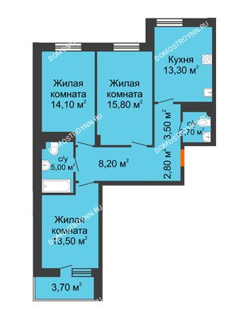 3 комнатная квартира 80,75 м² в ЖК Корица, дом № 1