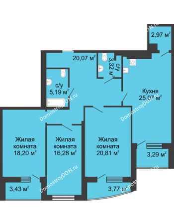 3 комнатная квартира 122,5 м² в ЖК Тихий Дон, дом № 1