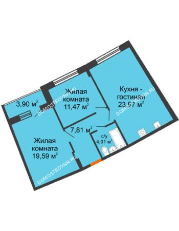 2 комнатная квартира 70,02 м² в ЖК Ватсон, дом № 3