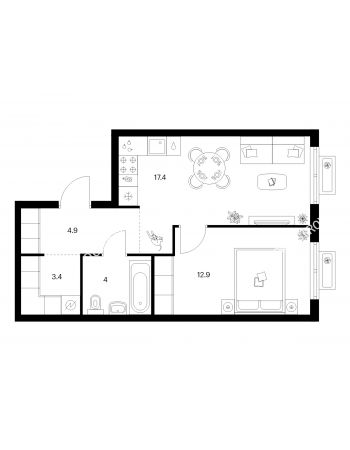 1 комнатная квартира 42,6 м² в ЖК Савин парк, дом корпус 9