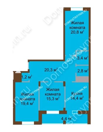 3 комнатная квартира 102 м² в ЖК Монолит, дом № 89, корп. 1, 2