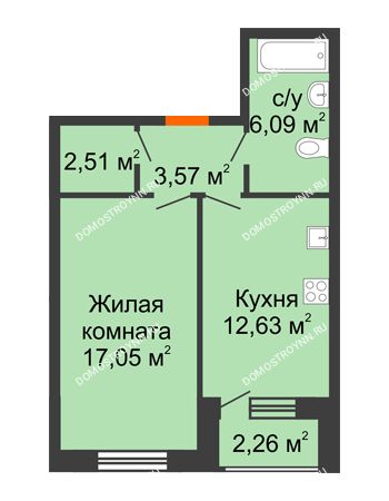 1 комнатная квартира 42,98 м² - ЖК Дом на Чаадаева