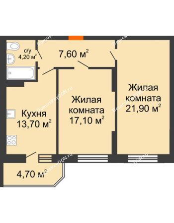 2 комнатная квартира 69,2 м² в ЖК Звездный-2, дом № 4
