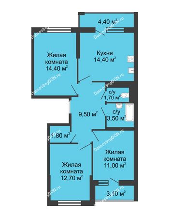 3 комнатная квартира 72,2 м² - ЖК Сказка