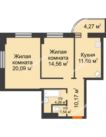 2 комнатная квартира 63,56 м² в ЖК Звезда, дом № 1