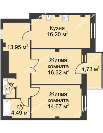 2 комнатная квартира 69,18 м² в ЖК Премиум, дом №1