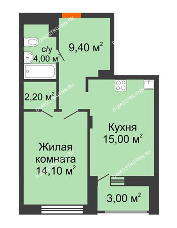 1 комнатная квартира 46,2 м² в ЖК Заречье, дом № 6