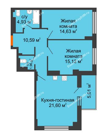 3 комнатная квартира 71,47 м² в ЖК Аврора, дом № 3