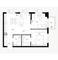 2 комнатная квартира 52,7 м² в ЖК Савин парк, дом корпус 9 - планировка