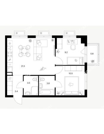 2 комнатная квартира 52,7 м² в ЖК Савин парк, дом корпус 9