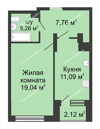 1 комнатная квартира 45,77 м² - ЖК Гвардейский-2