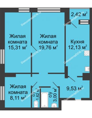 3 комнатная квартира 71,88 м² - ЖК Гвардейский-2